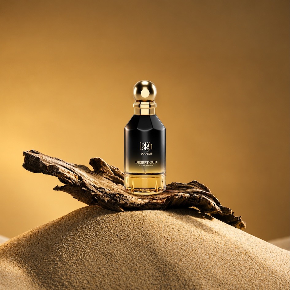 The LOOTAH Desert Oud bottle on a piece of oud wood on a sand dune