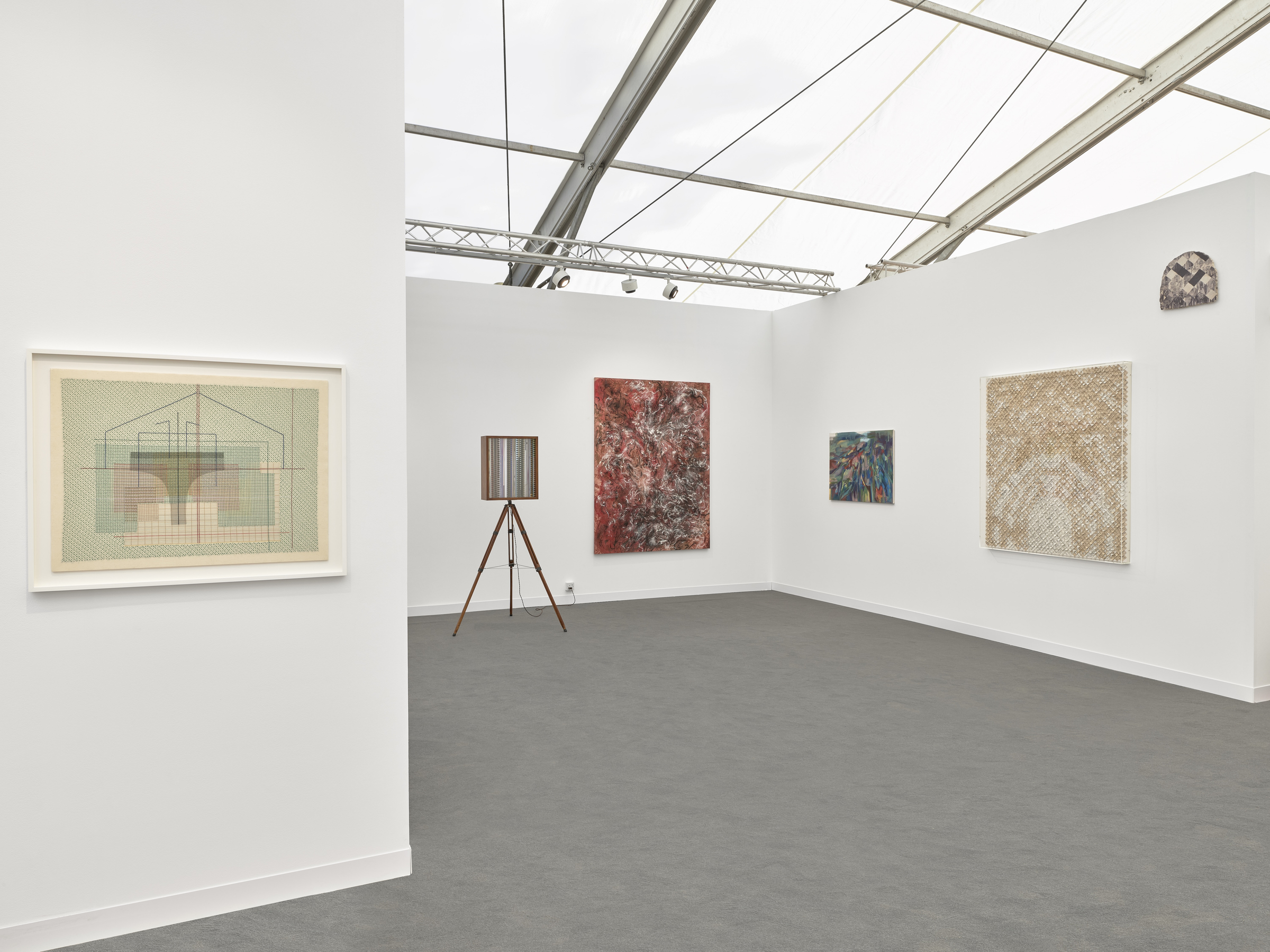 Selma Feriani Gallery booth D33 at Frieze London 2026, with framed works on paper and paintings on white walls