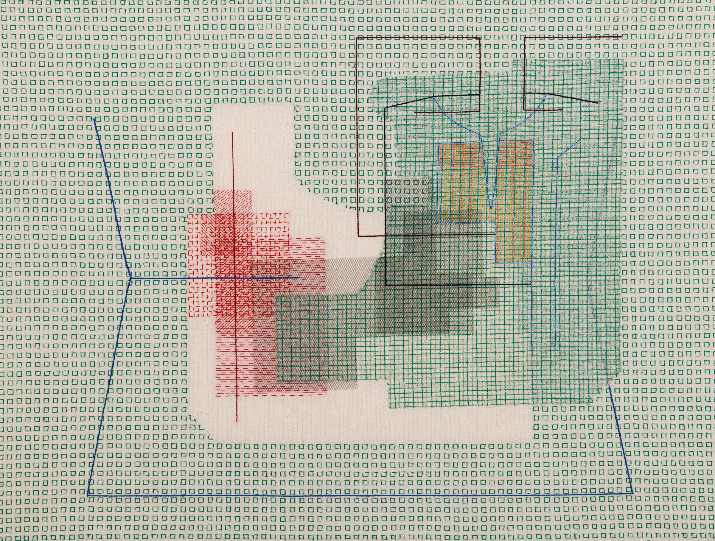Filwa Nazer, Interlude, Untitled 1, 2026, a textile work in green, pink and blue stitching