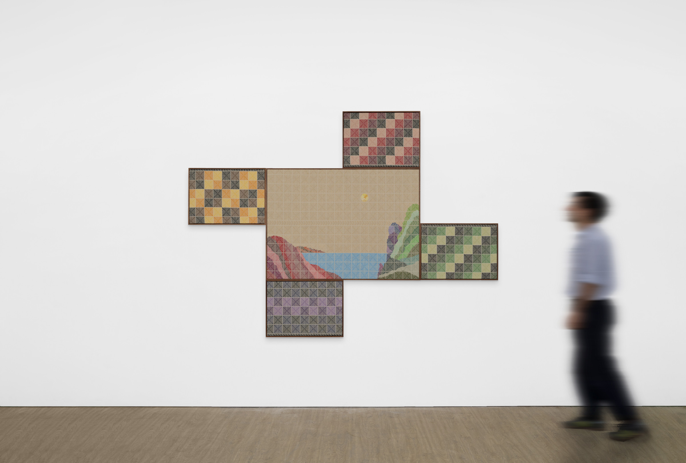 Jordan Nassar, They Build Homes with Clouds, 2026, hand-embroidered cotton panels